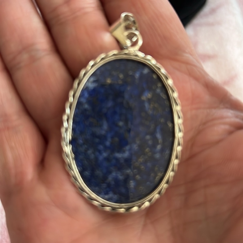 Lapis Lazuli Oval Pendant with Gold Pyrite Flecks – Sterling plated Rope Setting - Picture 2 of 2